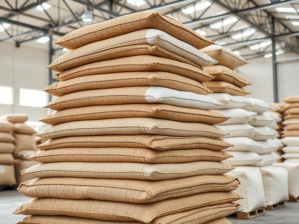 Stacked plain jute and woven rice sacks ready for packing
